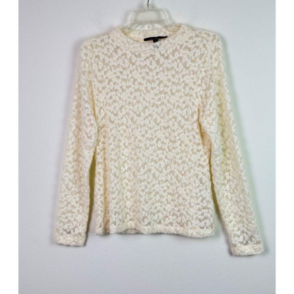 White House Black Market Textured Lace Mockneck Top Large Ivory Sheer Romantic - Picture 4 of 10